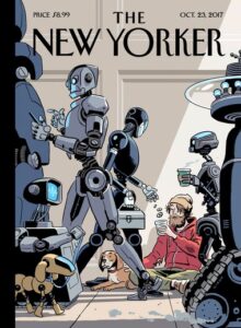 Robots le dan limosna a un ser humano y a su perro indigentes