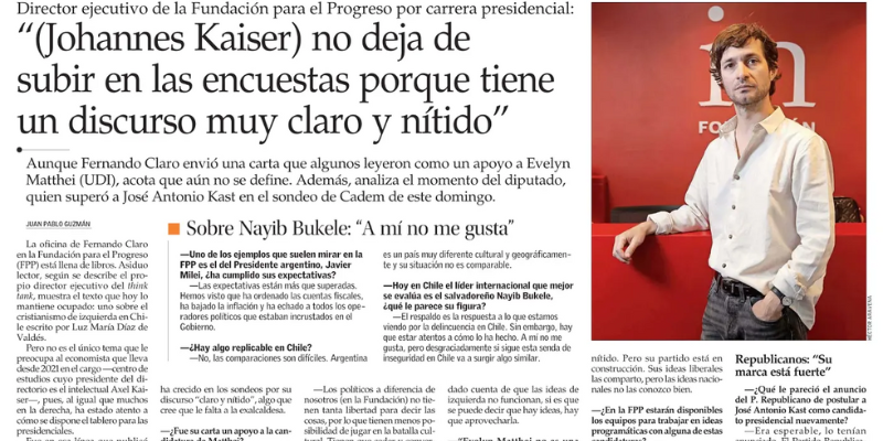 Fernando Claro en El Mercurio: «(Johannes Kaiser) no deja de subir en las encuestas porque tiene un discurso muy claro y nítido»