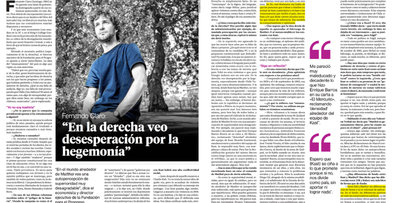 Fernando Claro en La Segunda: «En la derecha veo desesperación por la hegemonía»